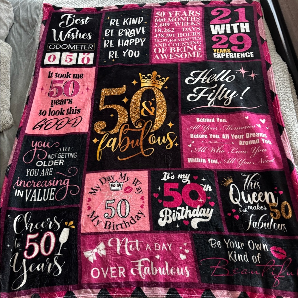 50 & Fabulous Pink and Black Throw Blanket